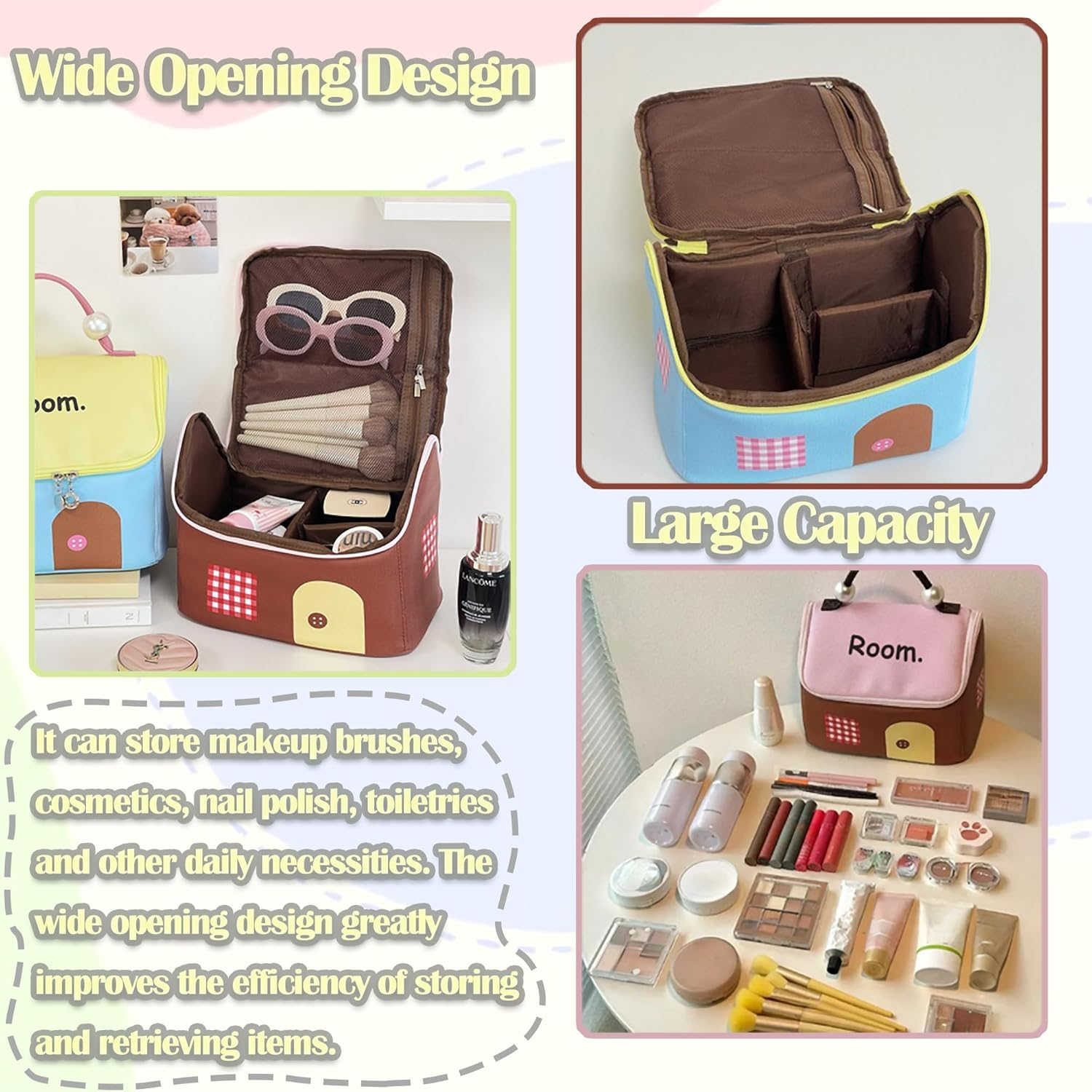 House-Shaped Dopamine Style Cosmetic Bag for Women: Travel Make-Up Bag, Large, Portable Make-Up Bag with Zip, Waterproof Toiletry Bag, Cosmetic Bag, Handbag, Nail Polish and Lipstick Organiser