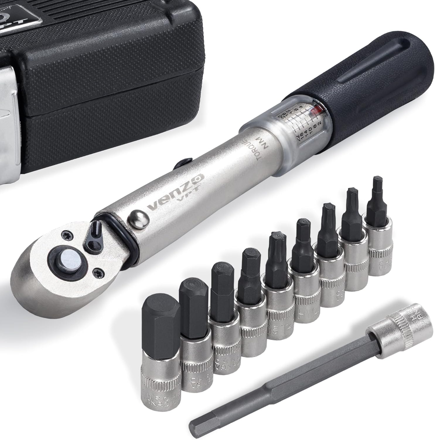 Venzo Bicycle Bike 1/4 Inch Driver - Torque Wrench Allen Key Tools Socket Set Kit 2-24Nm - Small Adjustable image number 3