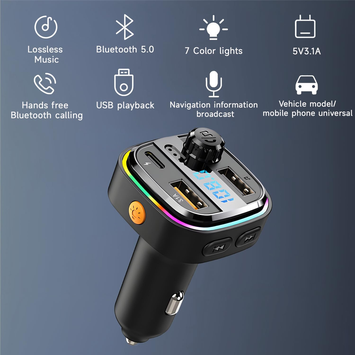QUMOX Bluetooth FM Transmitter for Car, C26 Model, Hands-Free Calling, USB-C Fast Charging, 7-Color Ambient Light, Support MP3/WAV/FLAC, Dual USB Ports, Compatible with 12V&ndash;24V Vehicles image number 1