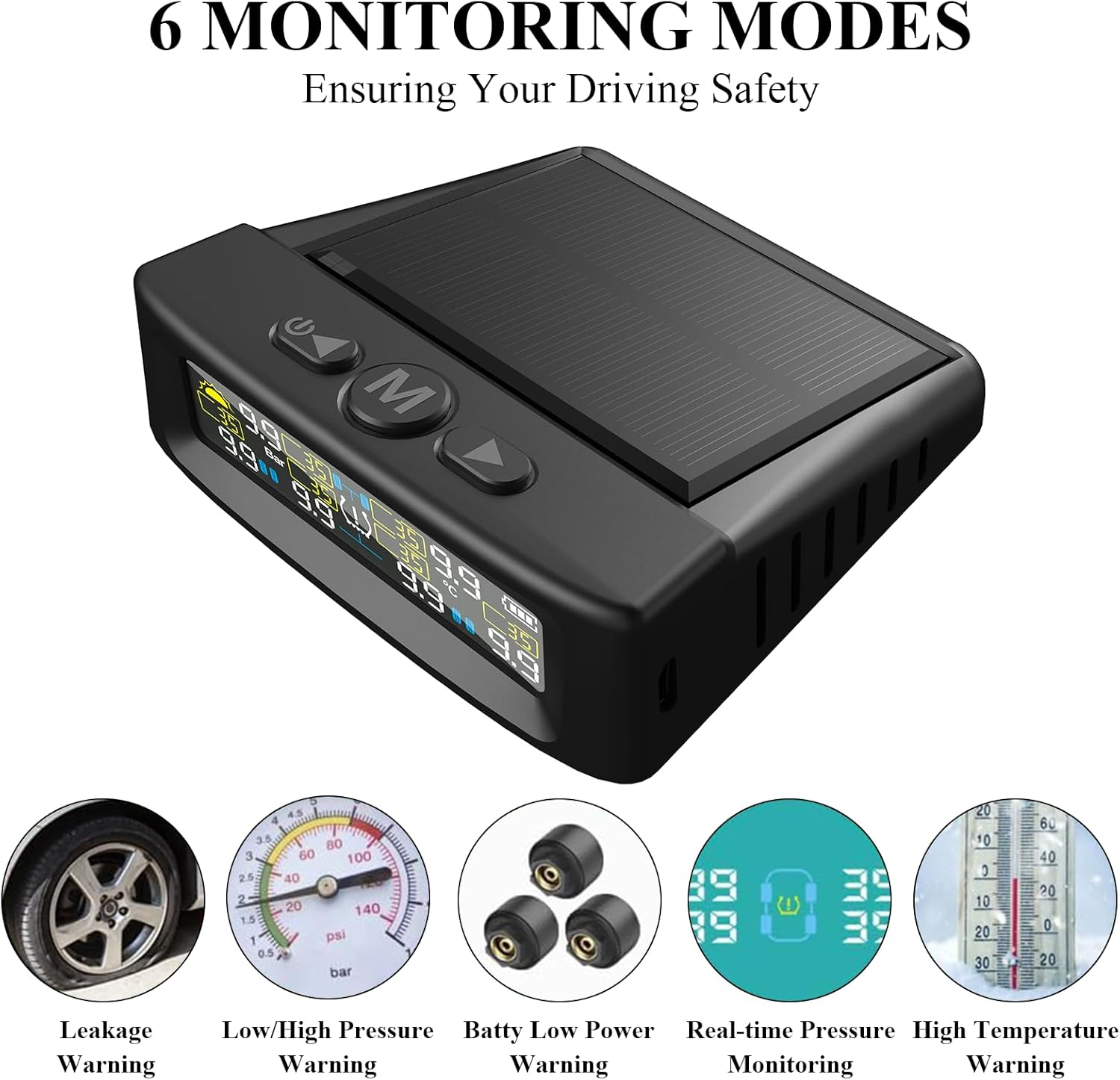MAEZOE TPMS Tire Pressure Monitor with Solar & USB Charging, Digital Display & Waterproof Sensors &ndash; Wireless Tyre Pressure Monitoring for Cars, Suvs, 4Wds, Trailers