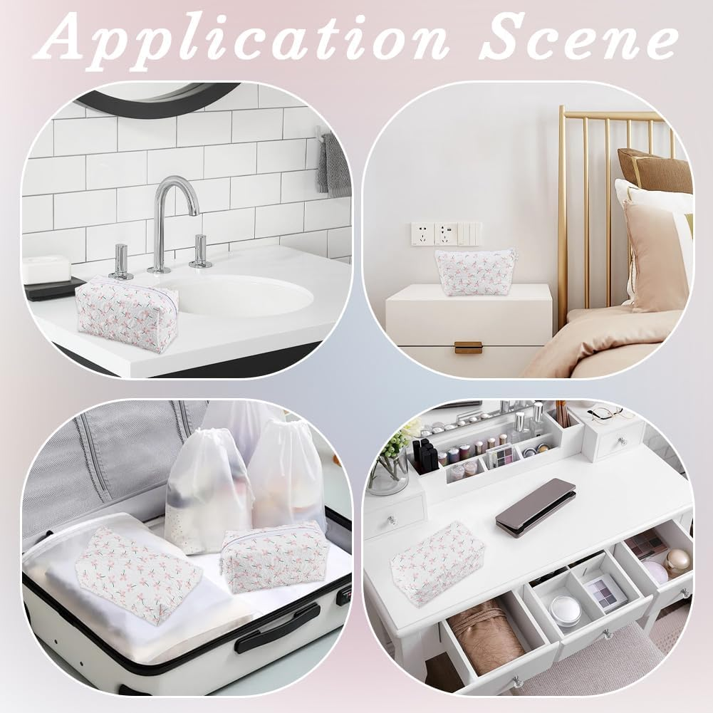 CABODYALS 2 Pieces 2 Styles Flowers Travel Cosmetic Bags Set White Quilted with Zip Make up Bags Cute Flowers Portable Storage Toiletries Organiser Make up Fabric Bag Bulk Pack - Blue image number 4