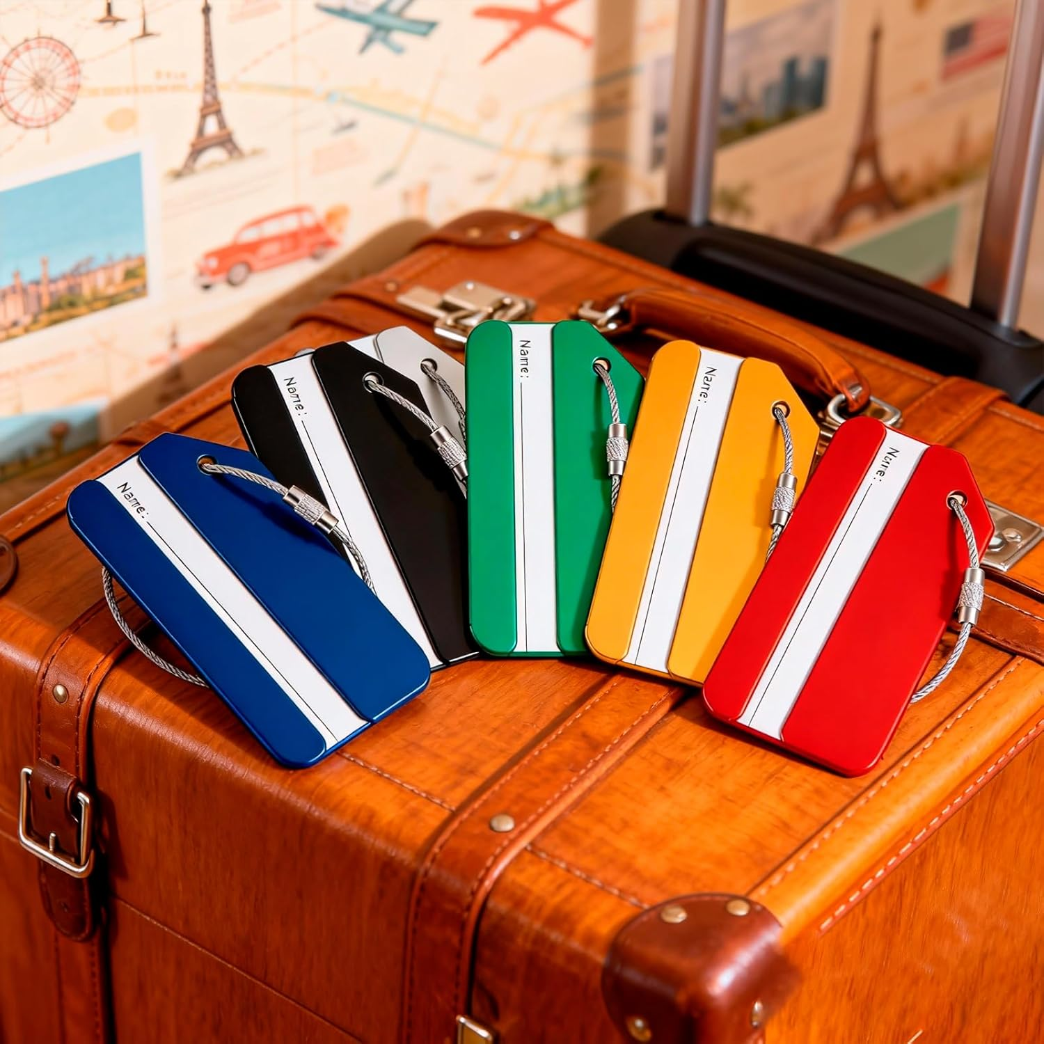 Luzcauwy 6-Pack Aluminum Alloy Luggage Tags, Durable Travel Bag Tags with Privacy ID Card & Stainless Steel Loop, Colorful Suitcase Identification Labels for Checked Baggage & Carry-Ons
