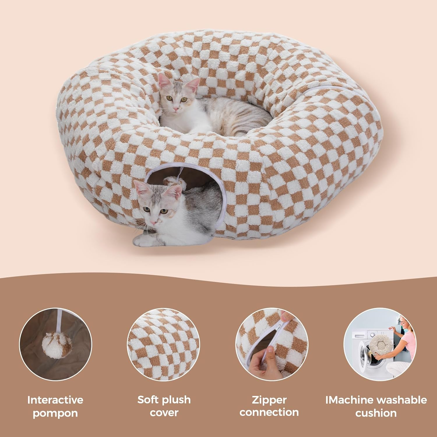 PAWZ Road Plush Cat Tunnel for Indoor Cats, 2 in 1 Donut Circle Shape Cat Tunnel & Cat Bed Diameter 85 Cm Brown image number 3
