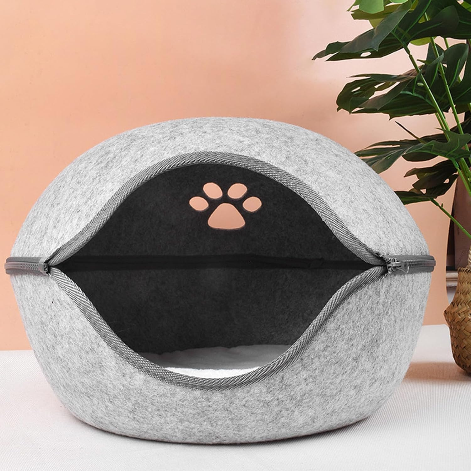Felt Cat Bed Cave,Cat Cave Bed Detachable Washable Semi Enclosed Felt Kitten Hideout Bed with Cushion for All Seasons image number 3