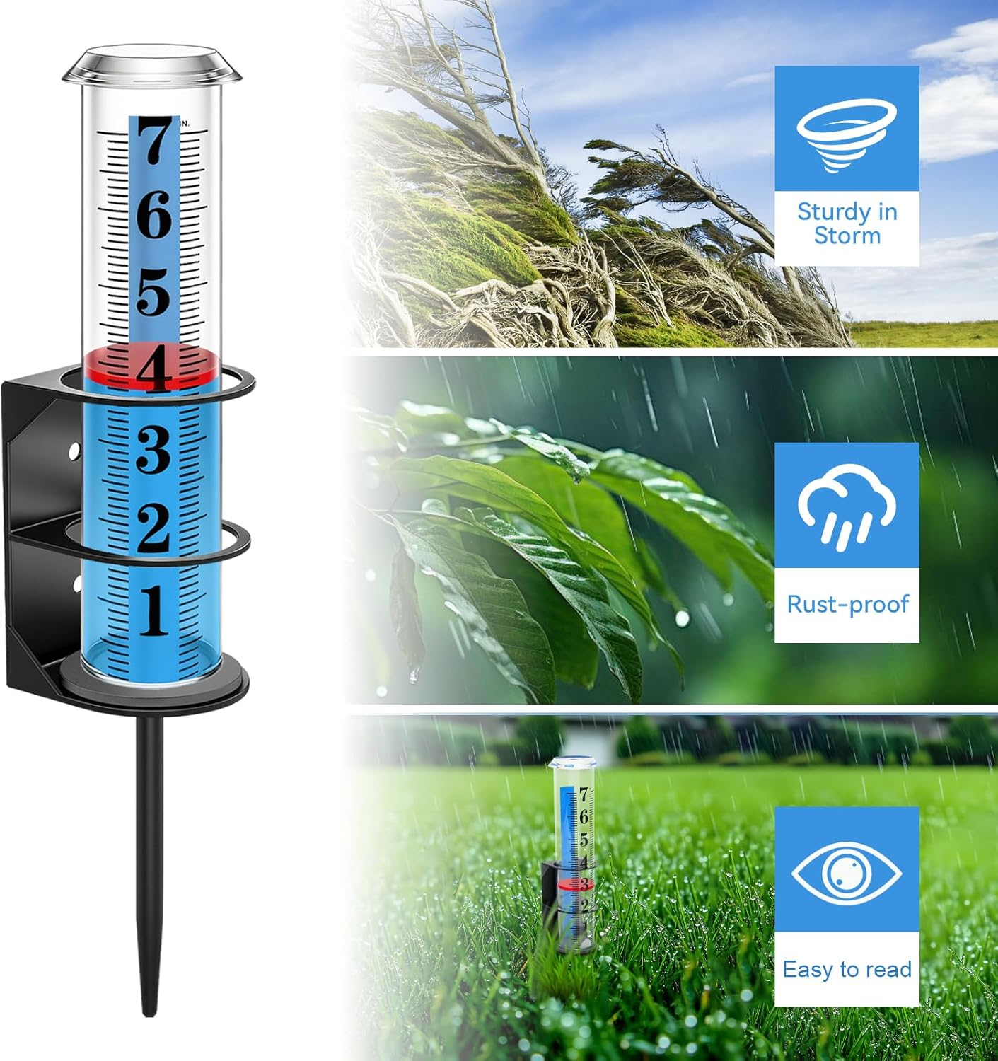 Rain Gauge Outdoor, Accurate Rain Gauges Outdoors Best Rated with Metal Rack Holder, Freeze Proof Water Rain Meter with Thickened Plastic Large Font Tube for Yard, Easy to Read with Red Float - 2Pcs Rain Gauge Replacement Tube image number 3