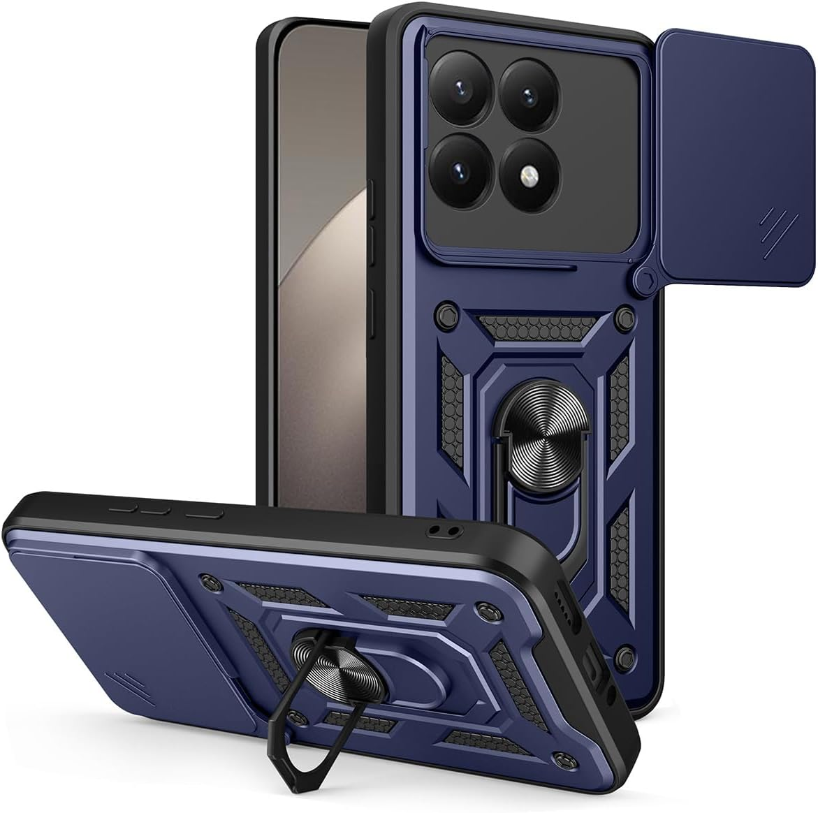 Case for Xiaomi 15T 5G, Slim Shockproof Armour Mobile Phone Case with Sliding Camera Cover and Magnetic Ring Stand, PC + TPU Durable Protective Case, Blue