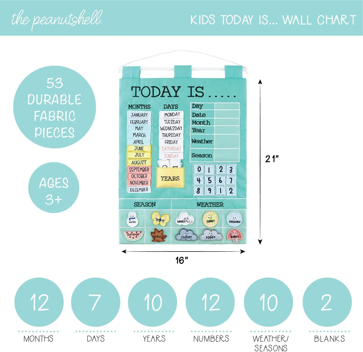 The Peanutshell Preschool Educational Wall Calendar - 53 Fabric Pieces for Months, Days, Years, Weather, & Seasons image number 1