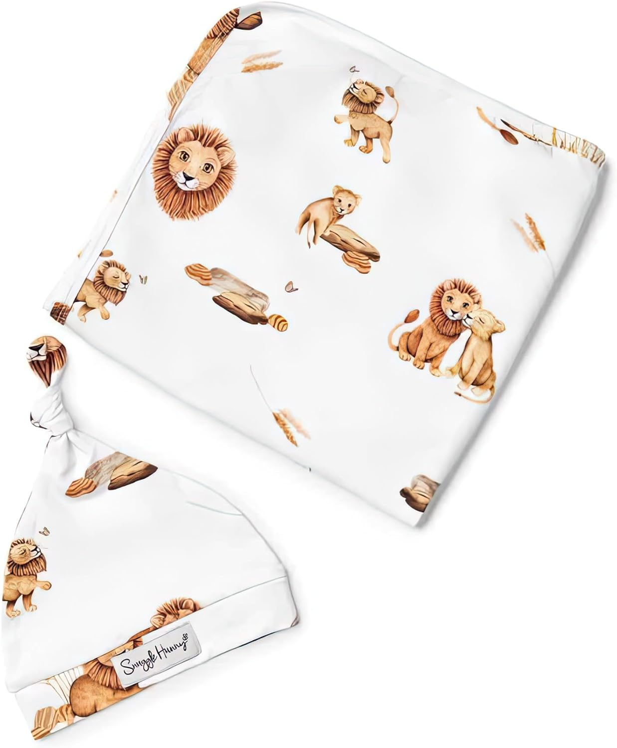 Snuggle Hunny Baby Wrap & Beanie Set, Soft Baby Swaddle Jersey Wrap & Matching Beanie, Lion Design