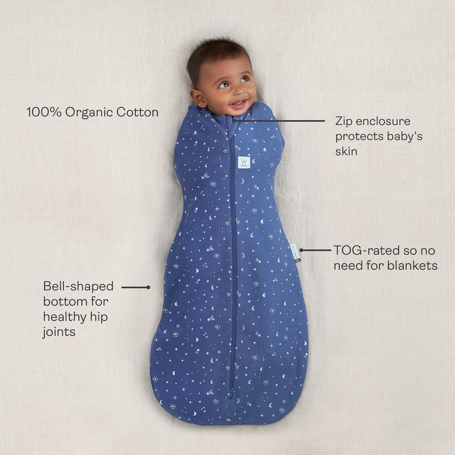 Ergopouch 0.2 TOG Cocoon Swaddle Bag, 0-3 Months, Night Sky Print &ndash; Organic Cotton, Two-Way Zip, Arms In/Out, Lightweight & Breathable, Ideal for Room Temperatures (22&ndash;26&deg;C) image number 4