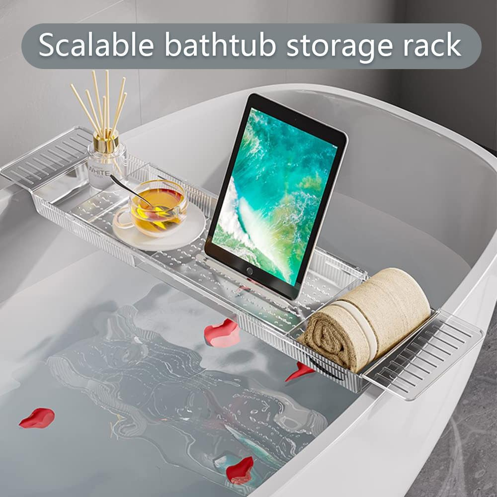 HYAVIA Adjustable Bathtub Caddy Tray Expandable Non-Slip Bath Tub Organizer with Drainage Slots Multi-Functional Bathroom Rack for Spa Accessories Phone and Book Holder image number 3