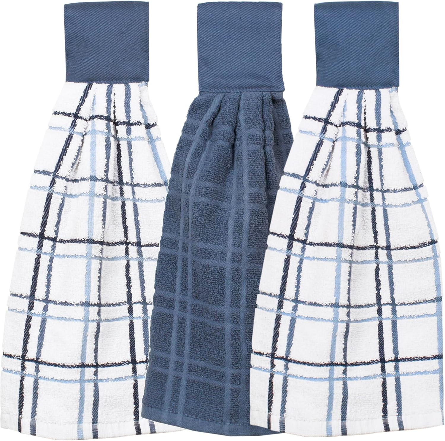 Ritz Premium 100% Cotton Solid and Multi Check Kitchen Tie Towel, Absorbent, Super Soft, and Fast Drying Hang Towel, Set of Two, Federal Blue