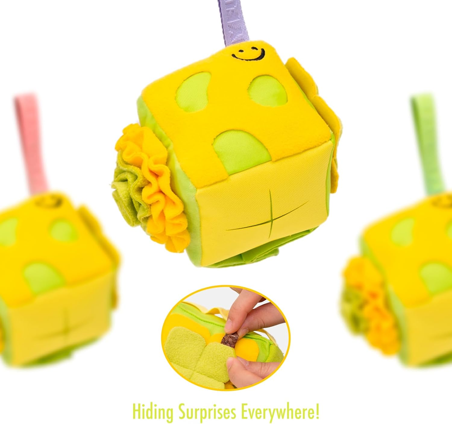 Interactive Treat Dispensing Dog Plush Toy in Shape of Cube, Light Yellow and Green, with Squeaker and Crinkle Paper, Snuffle Toy for Dogs image number 2