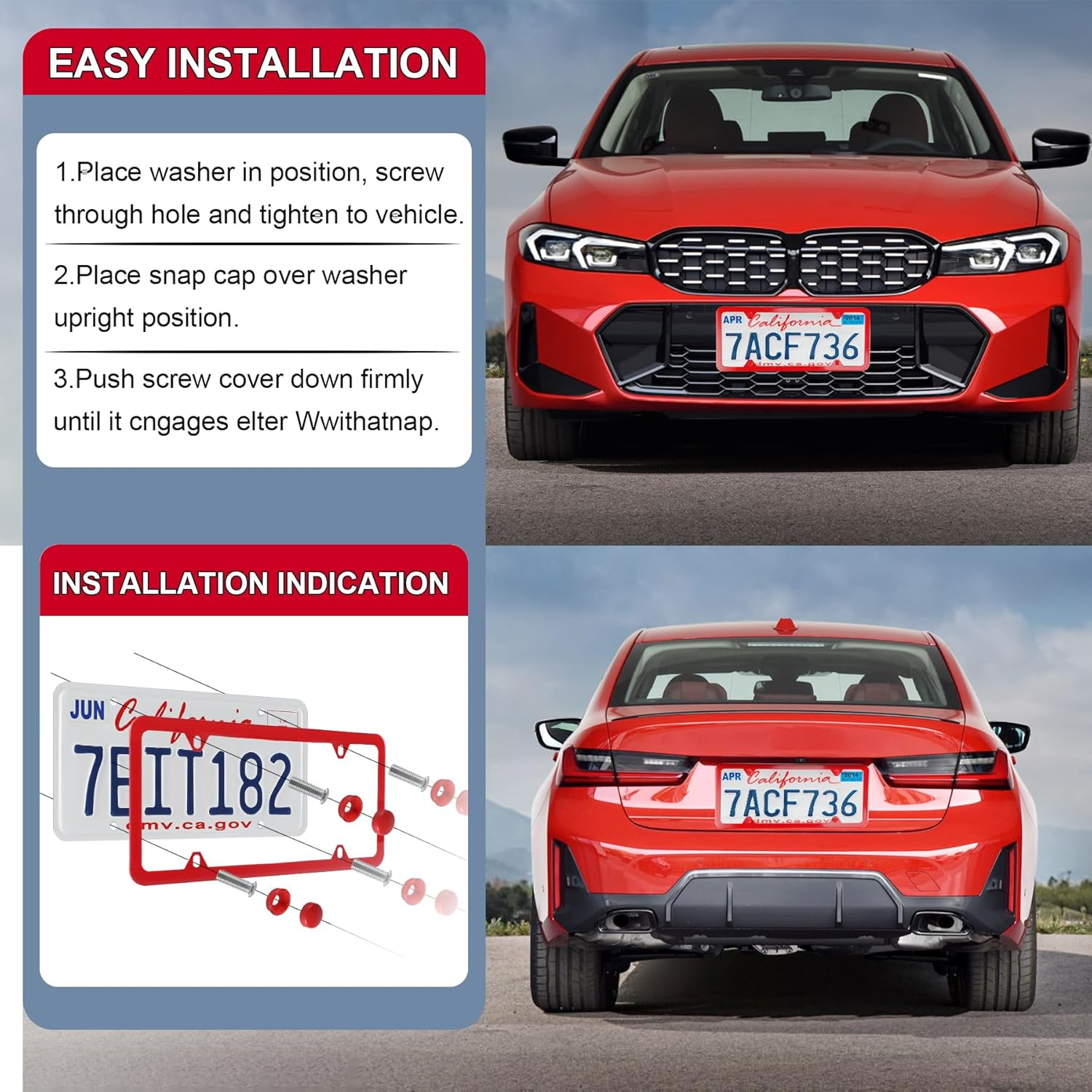 Livtee 4 Holes Stainless Steel License Plate Frames, 2 PCS Car Licence Plate Covers, Automotive Exterior Accessories Slim Design with Bolts Washer Caps for US Vehicles, Red image number 5