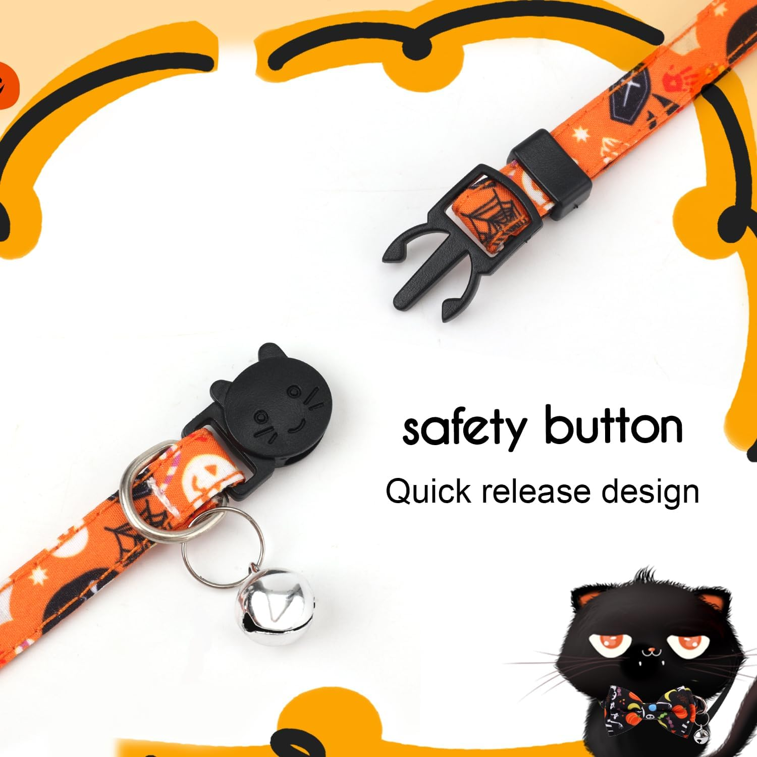 2 Halloween Cat Collars, Adjustable Cotton Fabric Cat Collar with Bell Soft and Comfortable Cats with Bow (Black+Skull, Orange+Pumpkin) image number 4