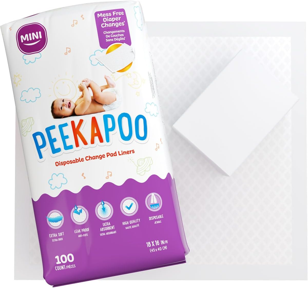 Peekapoo Mini - 100 Pack Disposable Changing Pads for Baby (18 Inches X 16 Inches) Disposable Waterproof Liners, Diaper Changing Pad Protector Mat image number 3