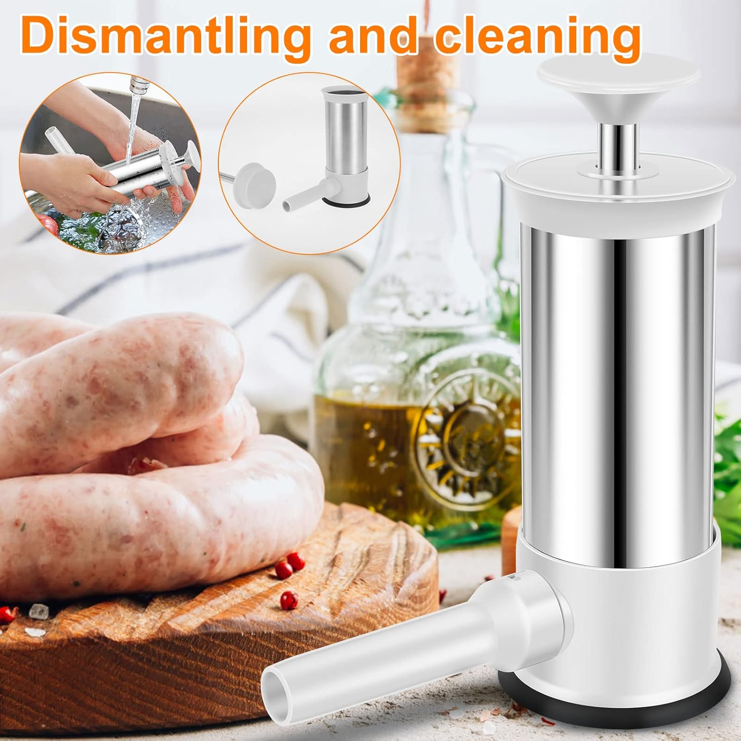Manual Sausage Stuffer 2.2 LBS Stainless Steel Vertical Sausage Maker Machine with 4 Filling Tubes Meat Stuffing Filler Machine Household Commercial Use
