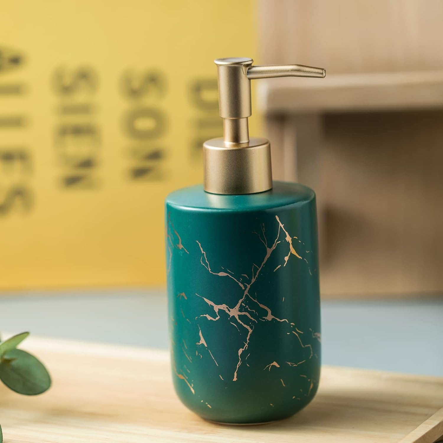 Gold Soap Dispenser Bathroom, Ceramic Hand Soap Dispenser with Marbling for Kitchen, Shower, 300ML. (Yellow)