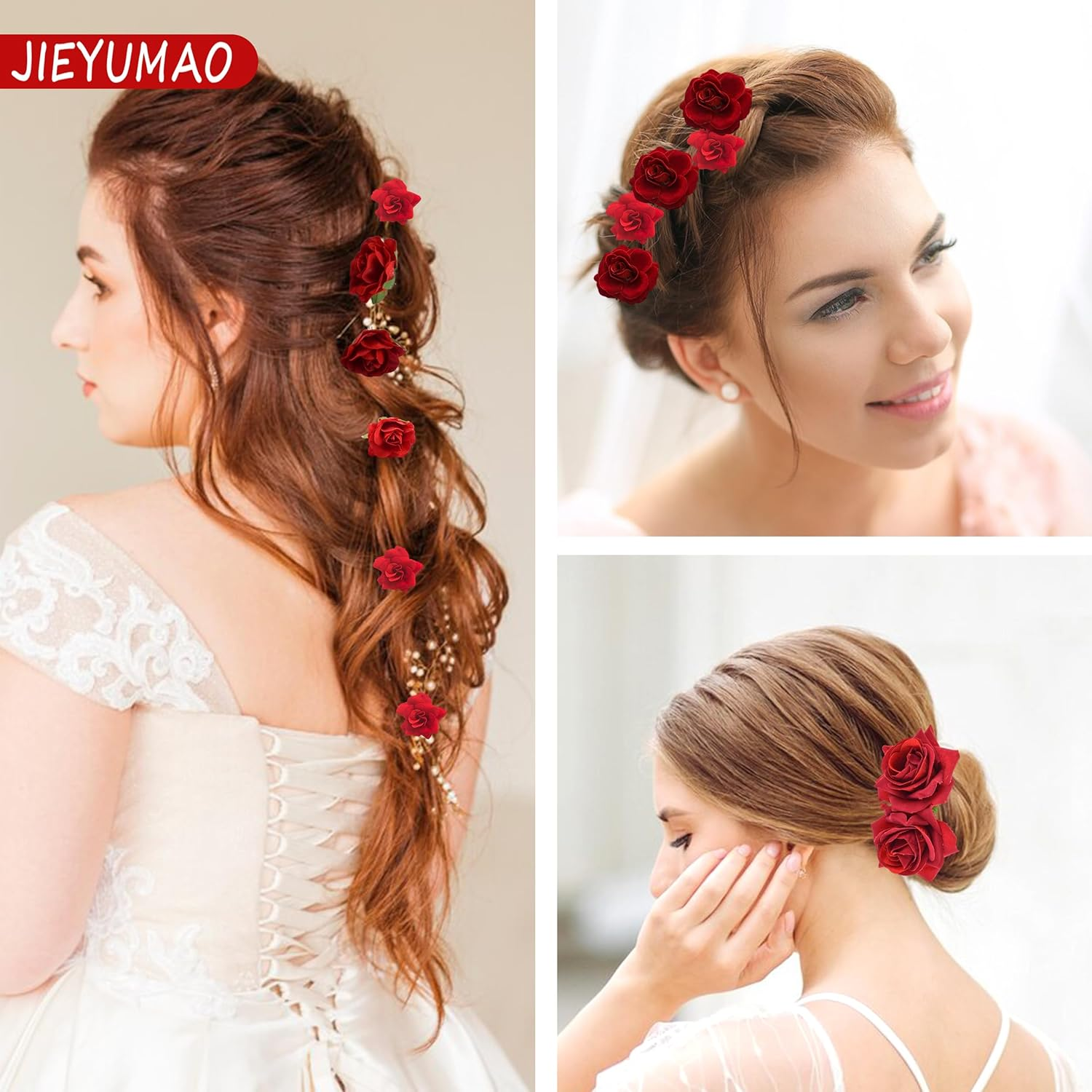 JIEYUMAO 7Pcs Rose Flower Hair Clips, Artifical Red Rose Hair Clip for Women, Elegant Rose Flower Hair Comb Rose Brooch Floral Clips Roses Flower Hair Barrette Hair Accessories for Wedding Party