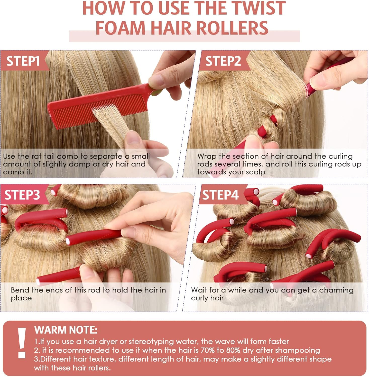 Syhood 30 Pcs 7'' Flexible Curling Rods Twist Foam Hair Rollers Soft Foam No Heat Hair Rods Rollers and 1 Steel Pintail Comb Rat Tail Comb for Women Long Short Hair(Red,7 X 0.3 Inch) image number 6