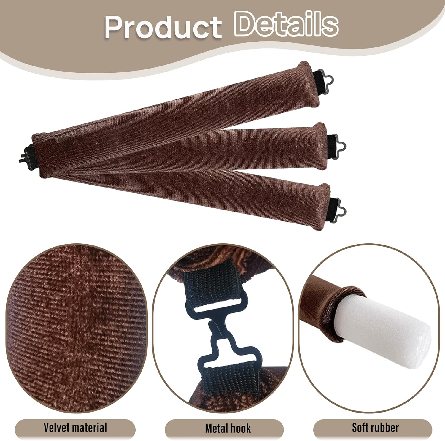 Pack of 3 Heatless Curls Band, Heat-Free Curlers, Curls without Heat, Hair Curler Hair Curling Band Curls Overnight for All Hair Types, Brown