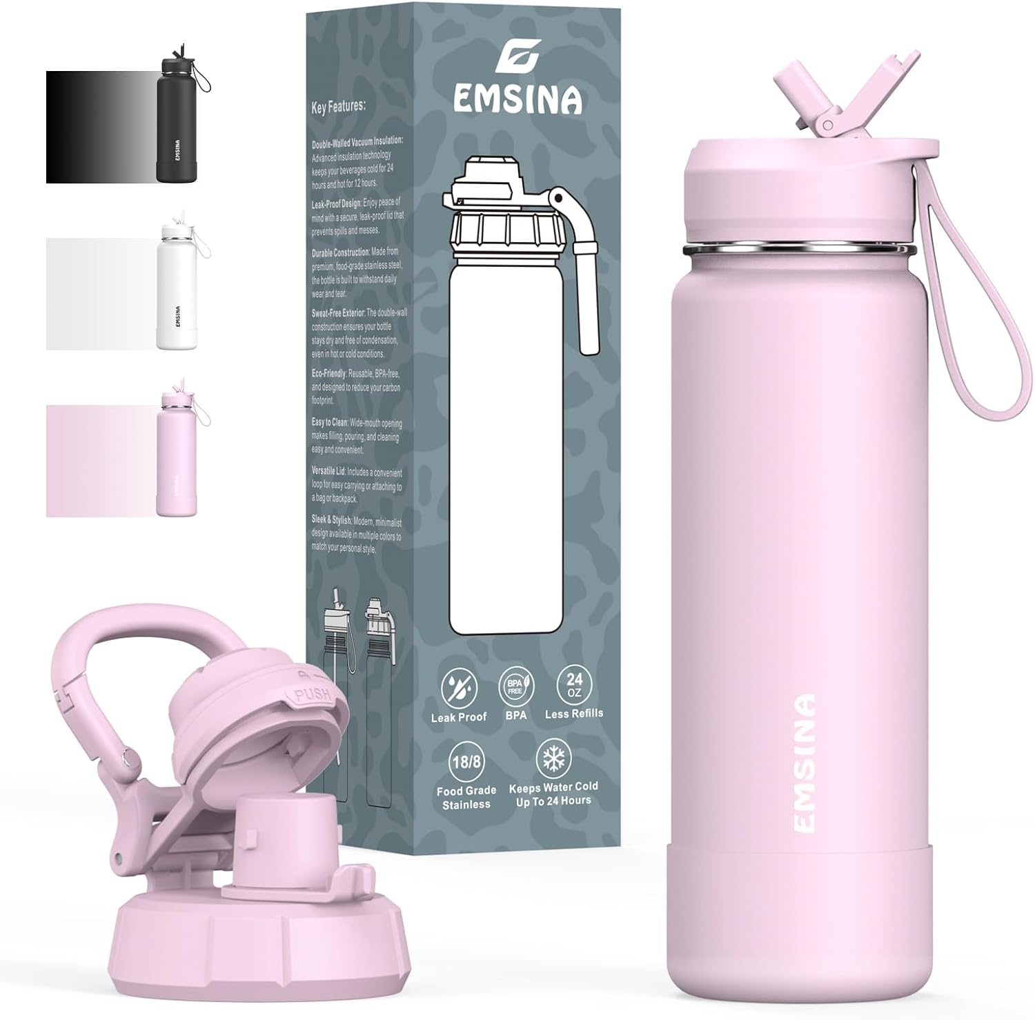 Emsina 1 Pack Insulated Water Bottle with Straw,24Oz/710Ml Stainless Steel Drinking Bottle,Leakproof Travel Cup with 2 Lids (Straw & Locking Chug Lid),Bpa-Free Sports Flask,Pink image number 2