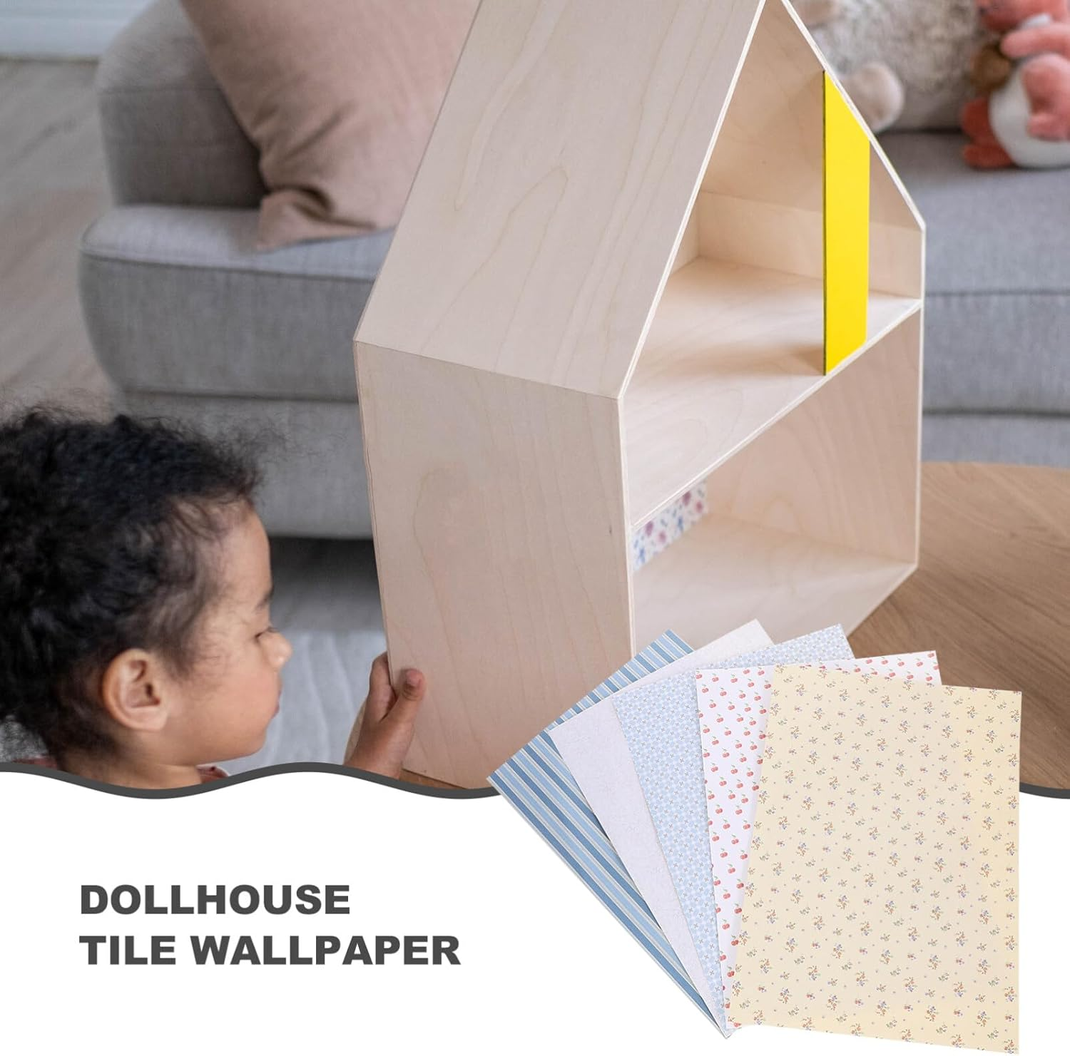 Abaodam 5 Sheets Dollhouse Wallpapers Miniature Wallpaper: Dollhouse Floorboards Flower Cherry Striped Doll House Carpet Peel and Stick Vinyl Film Floor Tile Sticker for Doll House Accessories image number 2