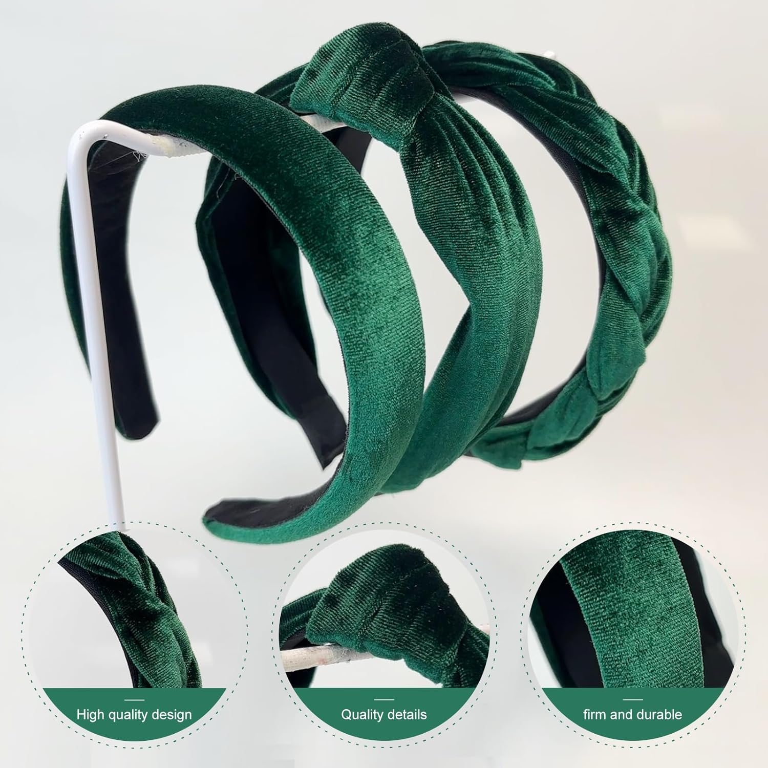 Yeomju Pack of 3 Velvet Headband Braided Dirndl Hair Accessories, Wide Padded Headband with Knot for Women and Girls, Vintage Headband in Dark Green for Carnival and Theme Party
