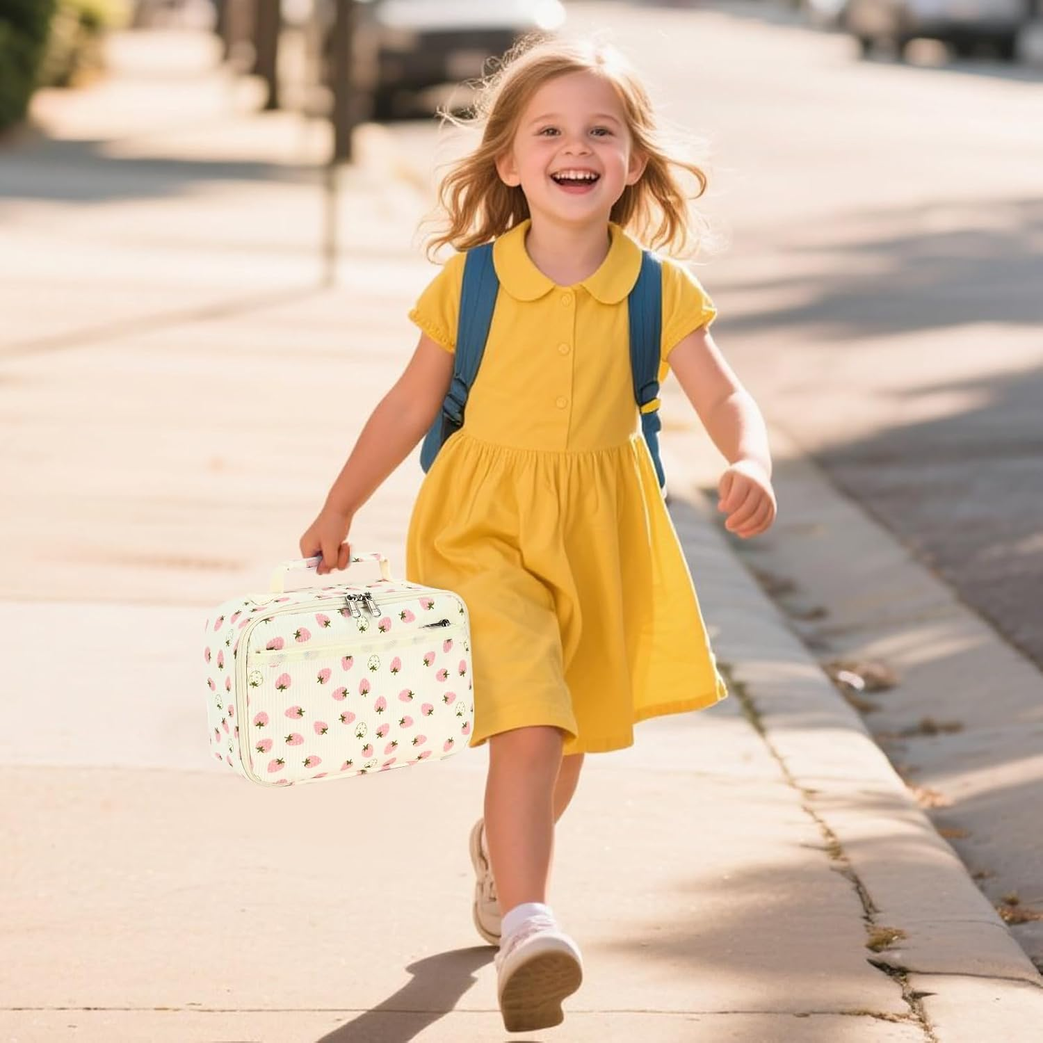 LEDAOU Children'S Lunch Bag Boys Girls 5L Lunch Bag Insulated Bag with Zip Thermal Bag Lunch Bag Cool Bag for School Hiking Work (Small White Strawberries) - Corduroy Flower Beige image number 6