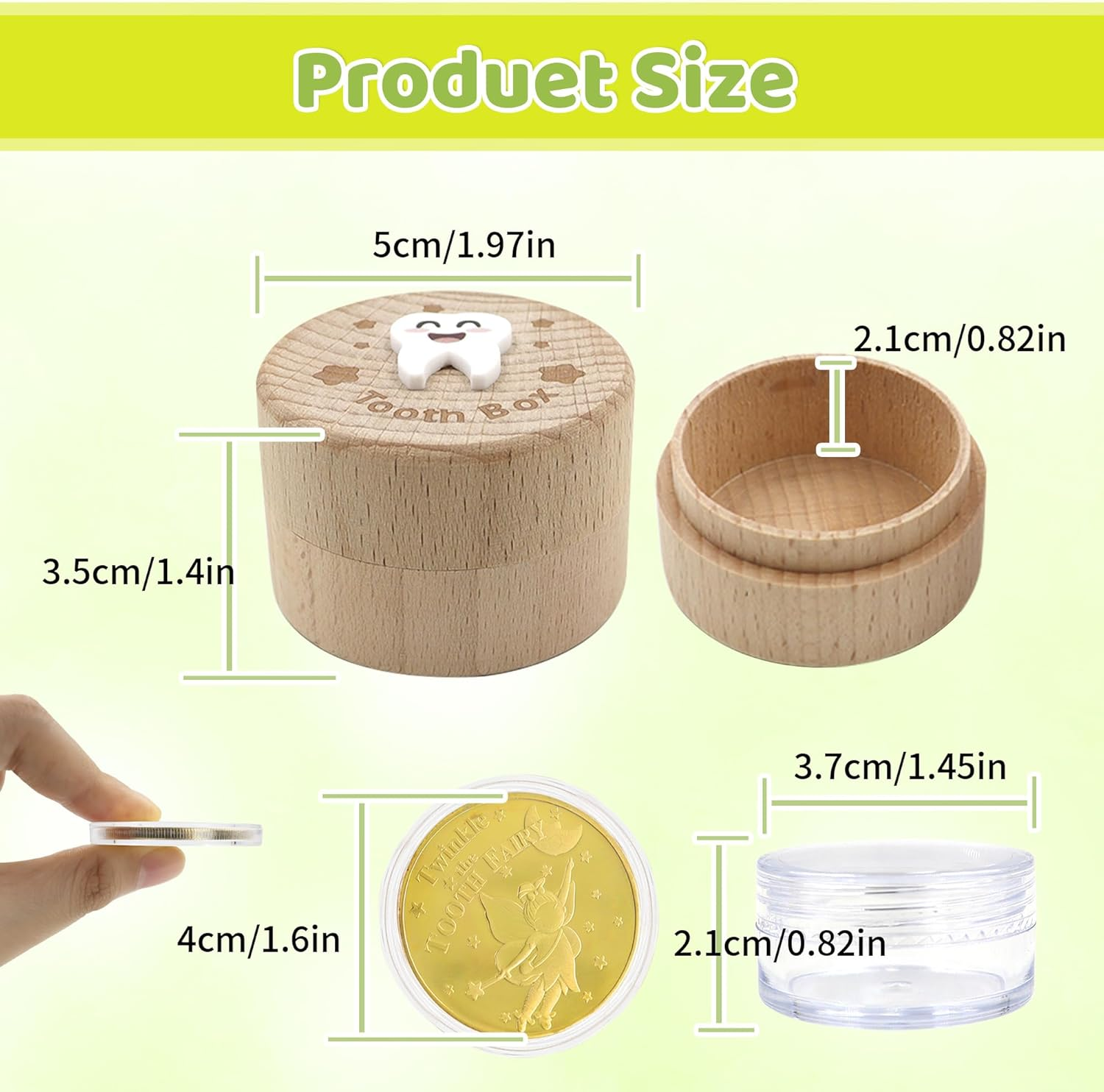 Wooden Tooth Fairy Box, Cute Tooth Fairy Tooth Holder, Tooth Fairy Kit with Tooth Fairy Coin and Transparent Storage Box, 3D Carved First Tooth Keepsake Box for Lost Teeth (Smiley) - Smiley image number 2