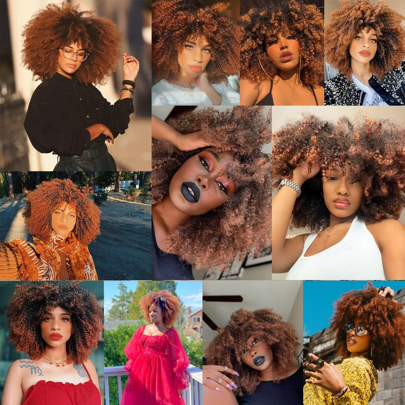 36Cm Afro Kinky Curly Wig with Bangs for Black Women Ombre Brown1B/30 No Glue Full and Fluffy like a Bomb Short Curly Hair Wigs