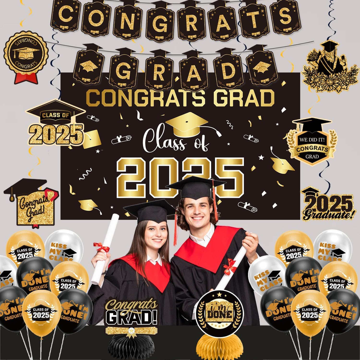 Graduation Decorations Class of 2025 Gold Themed Set, Backdrop Banner, Hanging Swirl, Balloons and Honeycomb Supplies for Graduation Party image number 3
