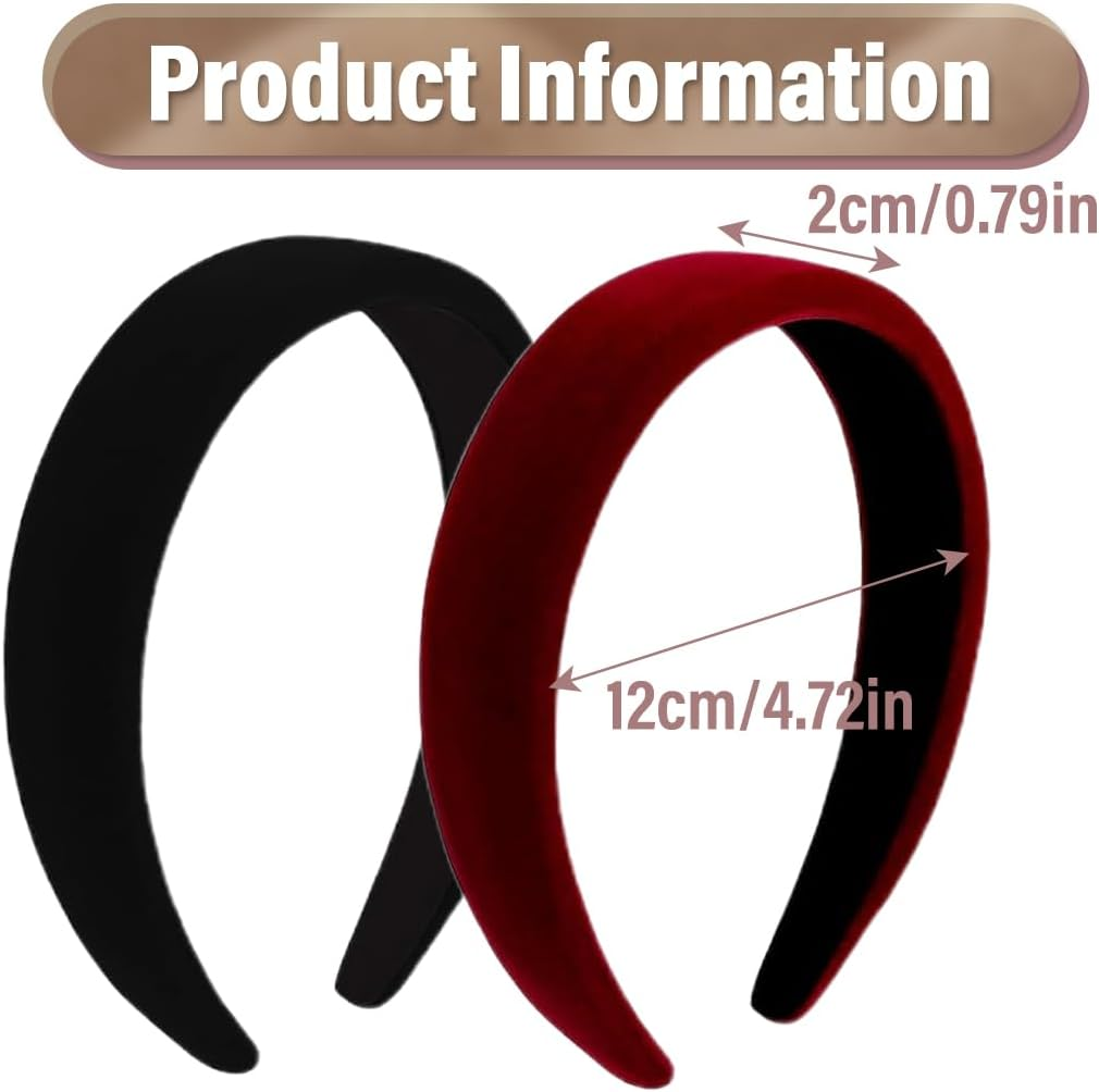 2 Pieces Women Velvet Fabric Padded Headbands Retro Vintage Solid Plain Headbands for Women and Girls (Black/Burgundy) image number 5