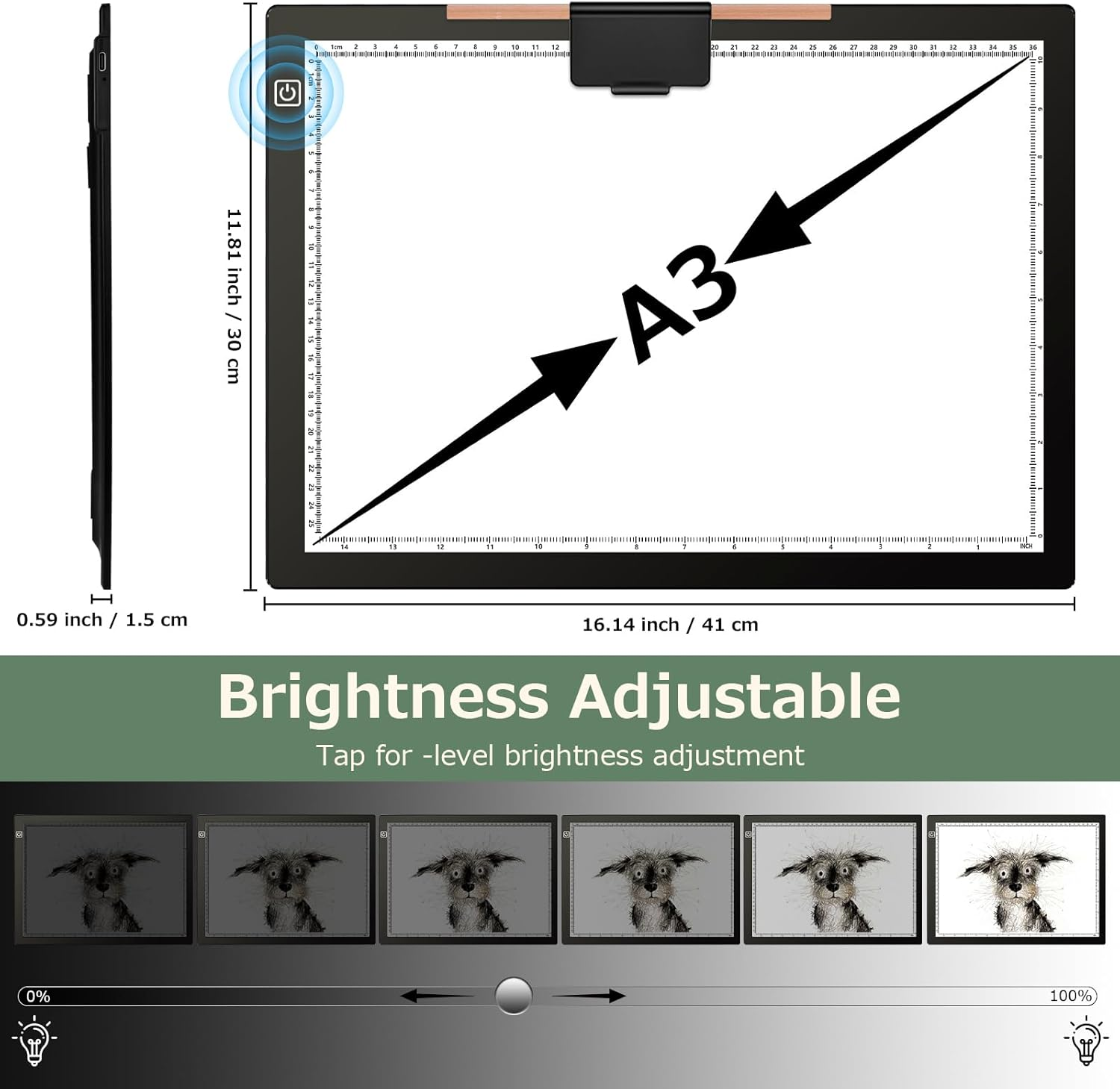 A3 Rechargeable LED Light Box, 2500Mah Battery Powered Light Board with Stand Top Magnetic Clip 3 Colors Stepless Dimmable Light Pad (A3 Rechargeable Led Light Pad with Carry Bag) image number 3