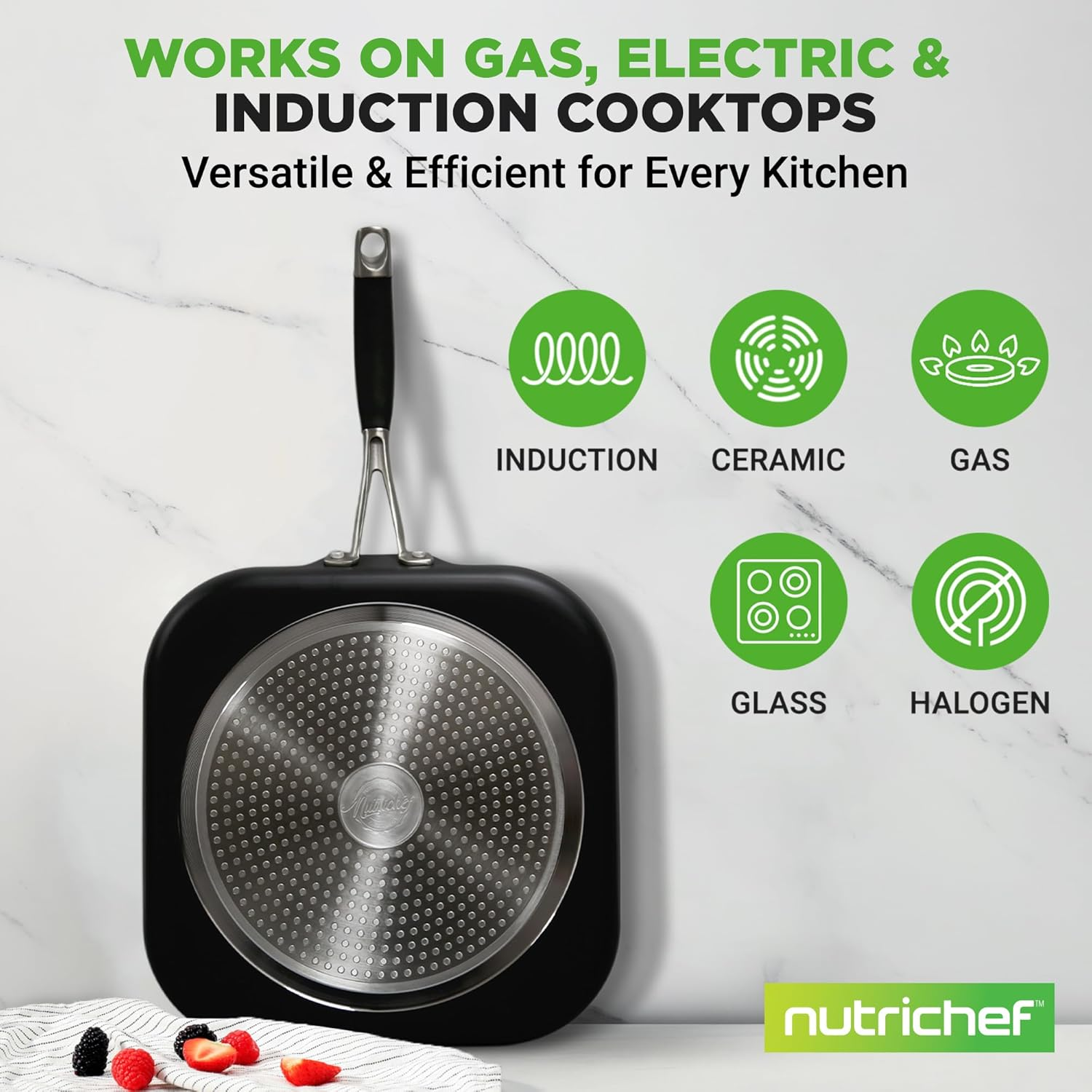 Nutrichef Nonstick Kitchen Cookware Set Copper Non-Stick Coating Inside, Hard-Anodized Look Heat Resistant Lacquer Outside, Silicone Handle NCSQPA, 1 Griddle image number 6