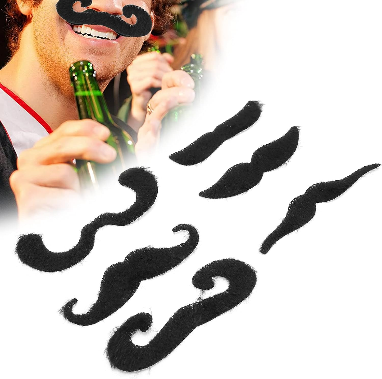 6Pcs Fake Black Moustache, Self Adhesive Fake Mustache for Halloween Party, Costume, Mustache Party Supplies and Holiday Decorations, Easy to Put on and Take Off image number 3