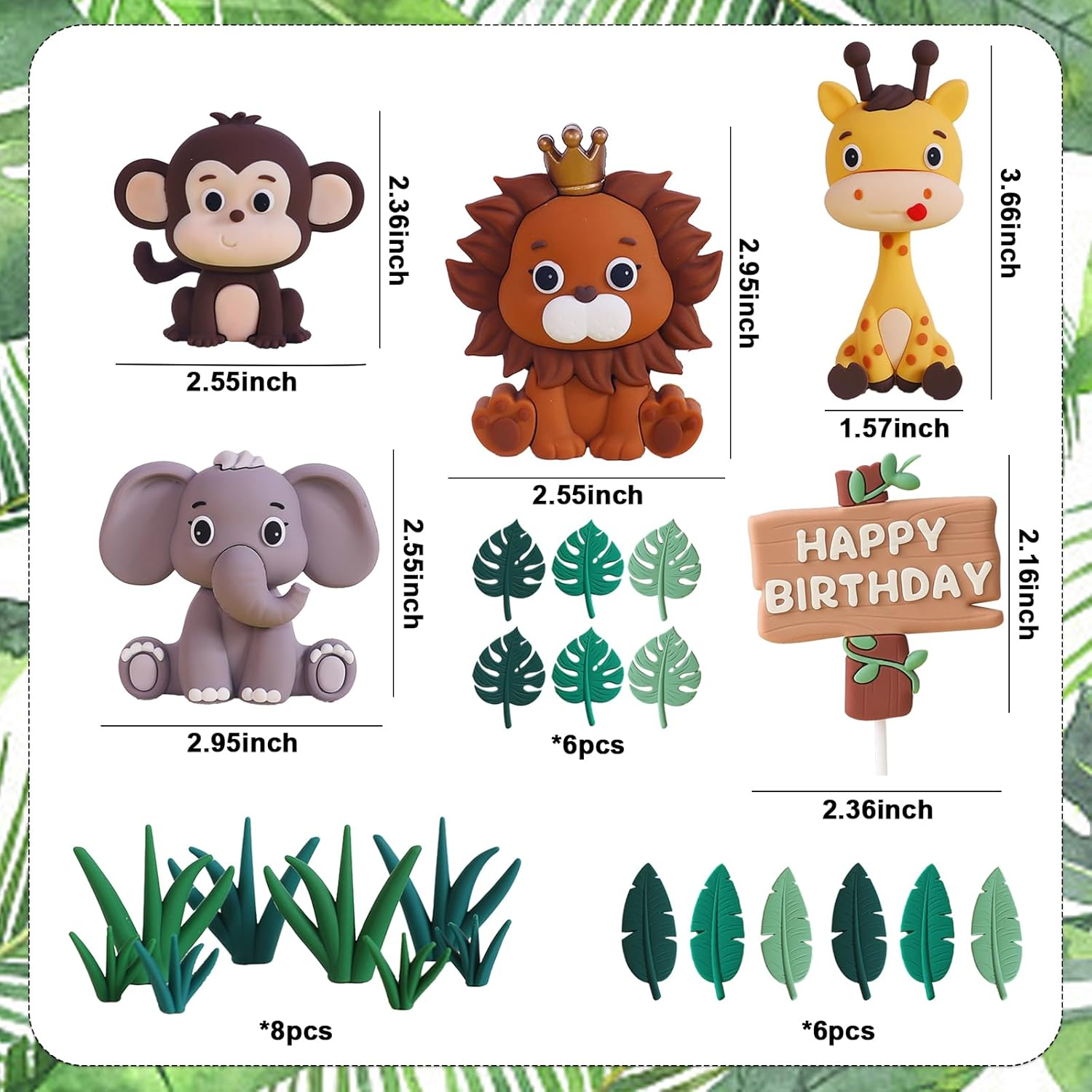Chris.W 25 PCS Safari Animal Cake Topper Set, Jungle Wild Cake Toppers with Lion Giraffe Monkey Elephant Fake Leaves Grass Cake Decoration for Safari Animals Themed Birthday Party Supplies image number 4
