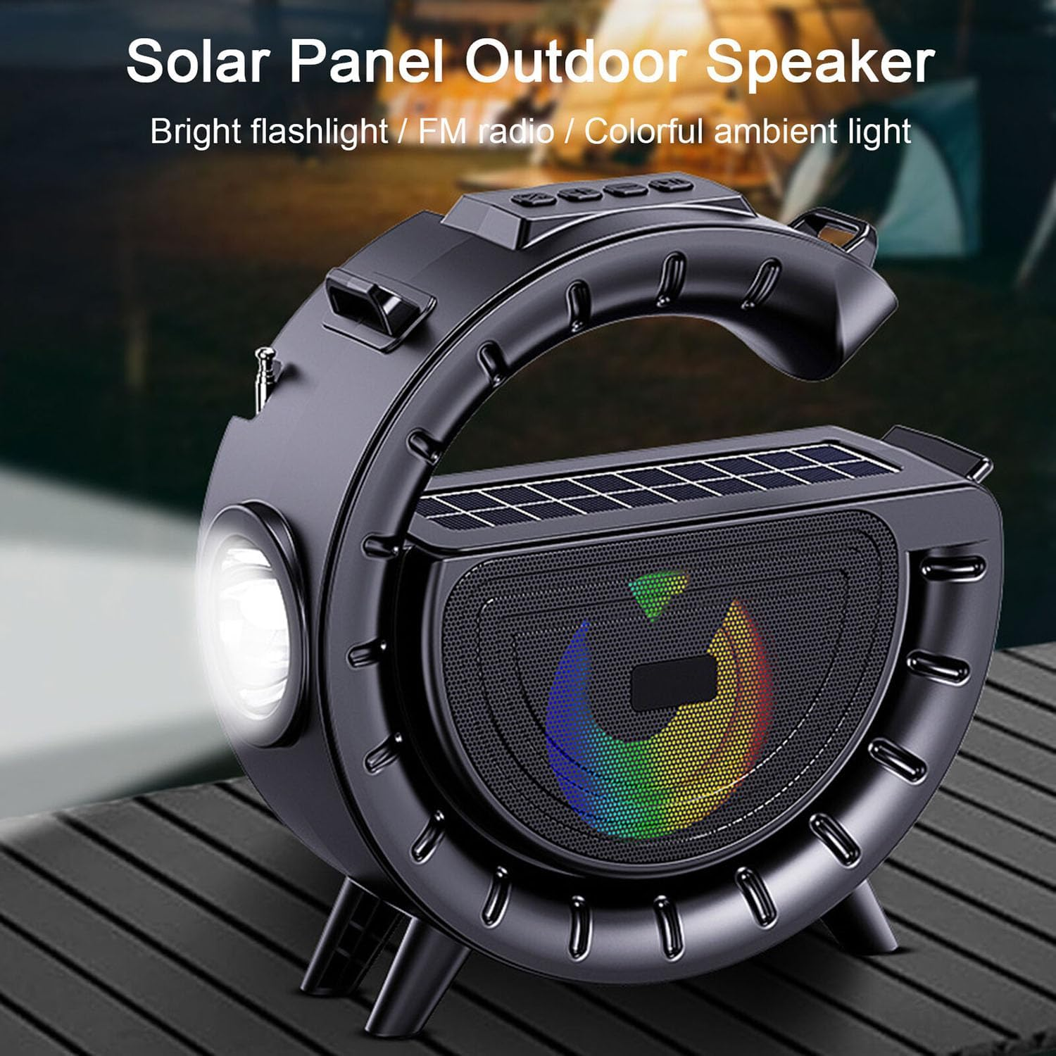 Solar Speaker with Atmosphere Lamp,Portable FM Radio and Flashlight,1200Mah Rechargeable Battery,Outdoor Bluetooth Music Player Wireless Card Insertion Sound System for Bedroom, Party, Living Room