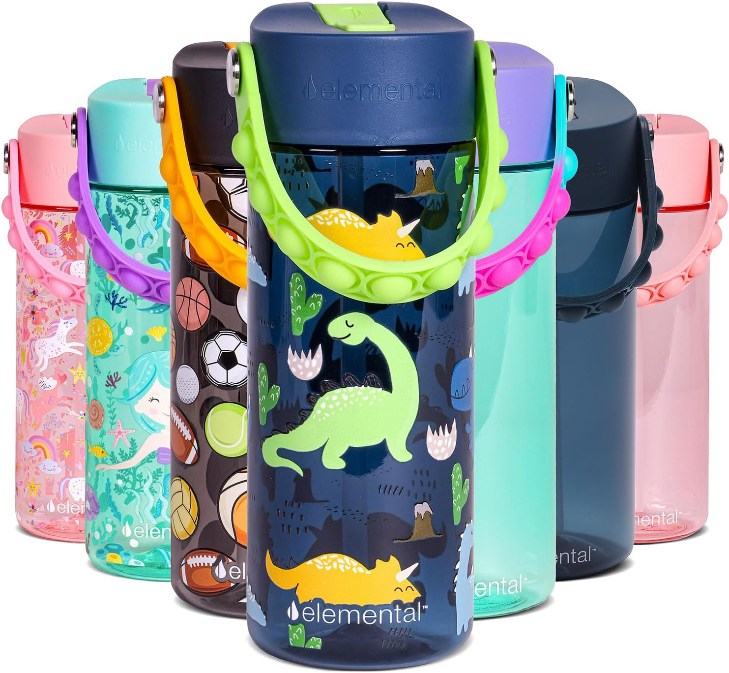 Elemental Kids Water Bottle - Leak Proof School Bottle with Straw & Pop-It Handle - Reusable Plastic Water Bottle - BPA Free, Dishwasher Safe Drink Bottle for Boys & Girls - 532Ml - Dinosaur - Black image number 6