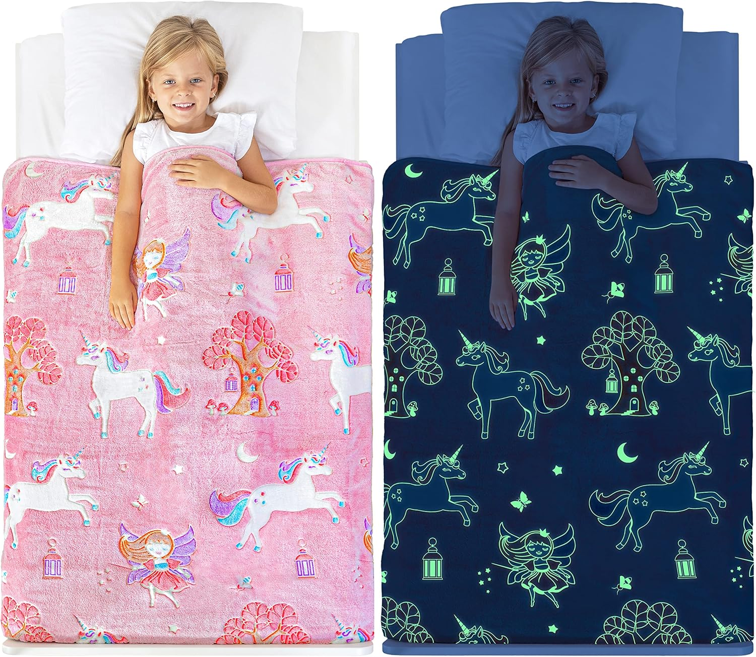 Glow in the Dark Unicorn Blanket for Girls &ndash; Soft Pink Fleece Throw. Great Christmas, Birthday, Baby, Toddler Unicorn Gifts for Girls, Fairy, Butterfly, Stars. Bright Long-Last Glow - Dinosaur image number 6