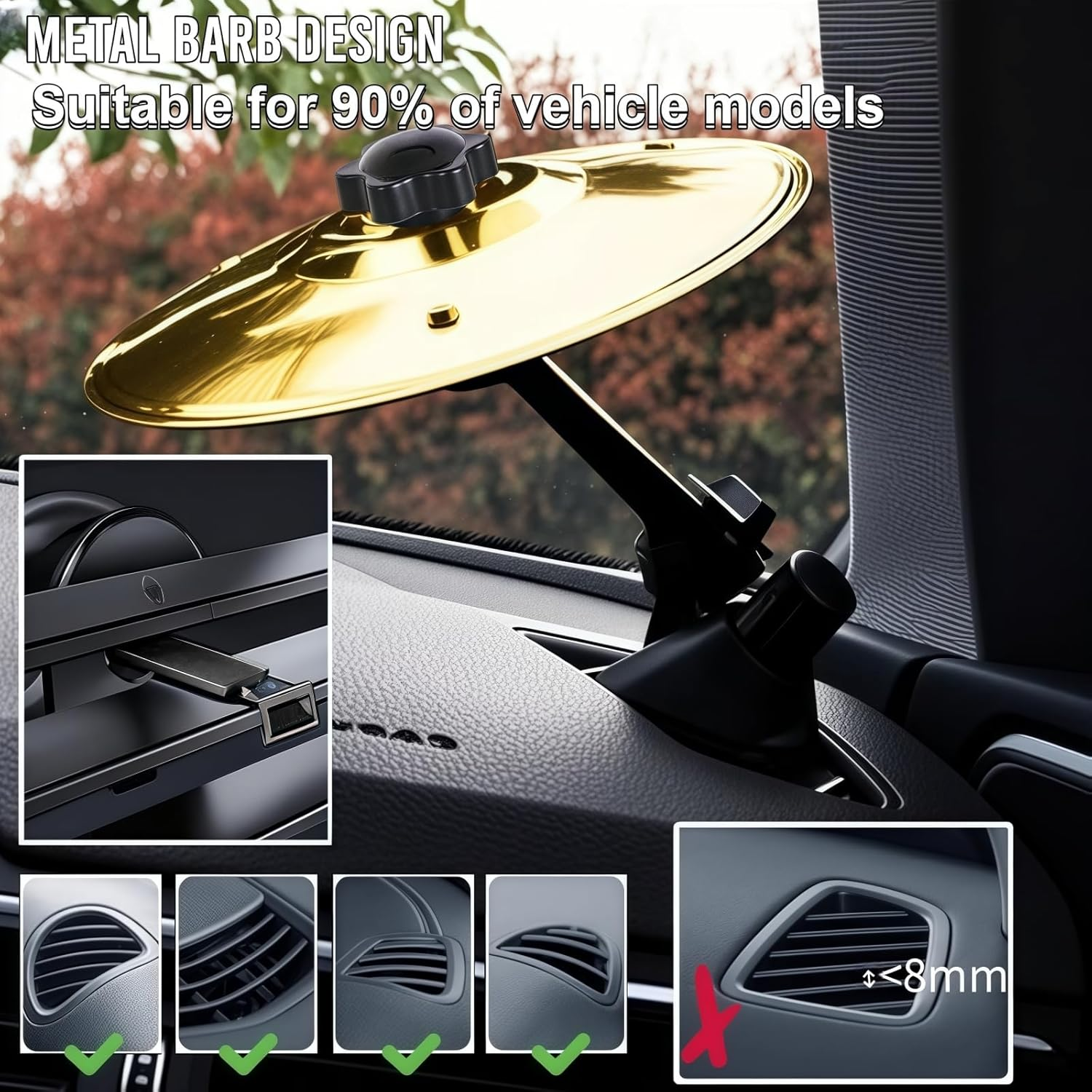 2 Pack Car Cymbal Air Vent Mounted, Golden &ndash; 14 Cm Dia. Mini Drum Crash Cymbal for Endless Rhythmic Fun on the Road Music Lover Gift image number 4