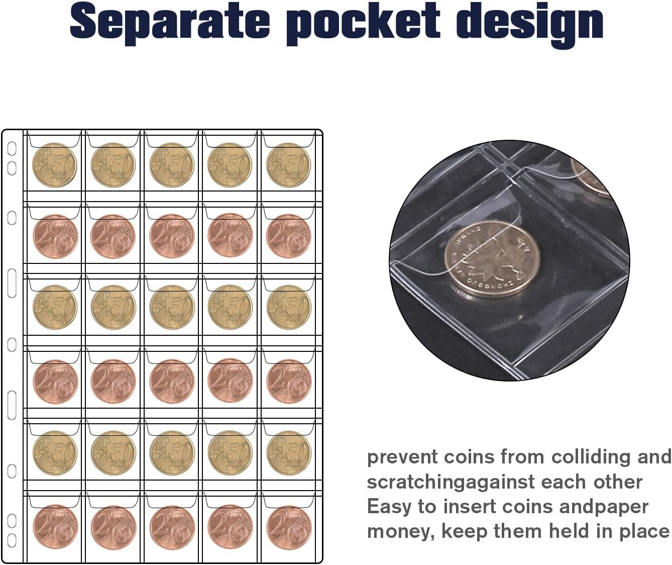 30-Pocket Coin Collection Pages, Coin Collection Supplies Standard 9-Hole Binder Compatible Coin Binder 3.5X3.5Cm Pocket Size Coin and Stamp Collecting Supplies (30Pocket,3.5X3.5Cm,15 Sheet) image number 1