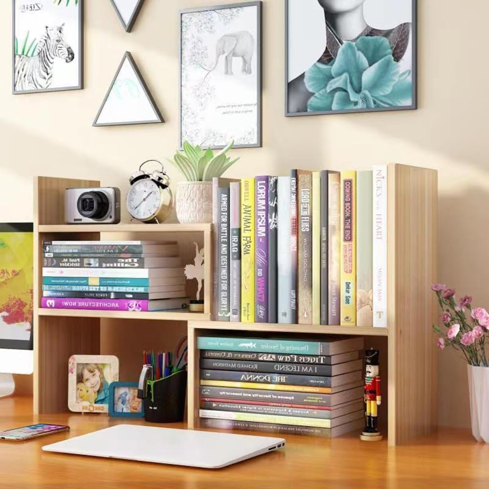 Hbluefat Desktop Bookshelf,Small Desk Shelf Organizer Mini Shelves Adjustable Desk Bookcase Display Organizer for Home Office, Bedroom, Living Room (Wood)