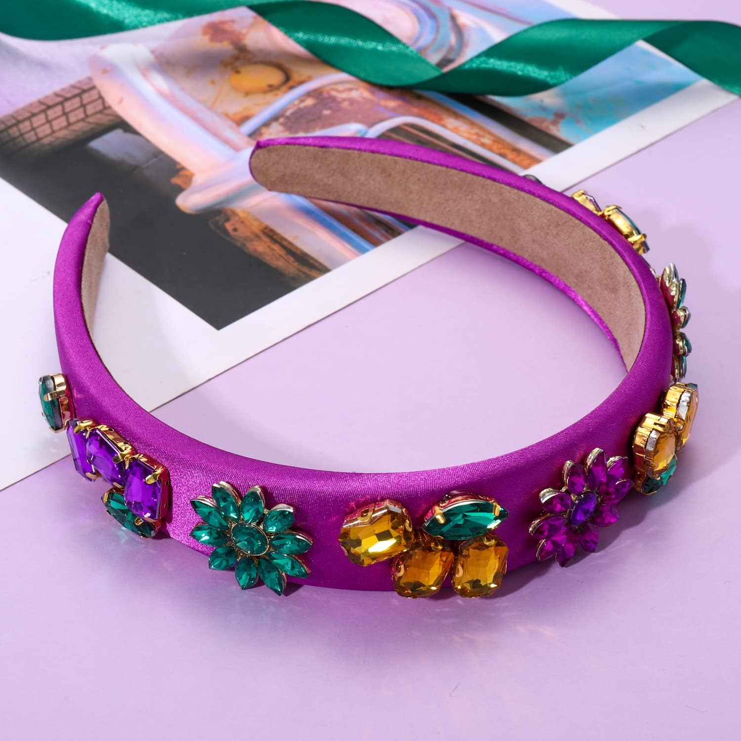Mardi Gras Headband Sparkly Crystal Wide Purple Headband for Women Girls Mardi Gras Carnival Party Headpiece Hair Accessories Gift (Mardi Gras Purple Headband)