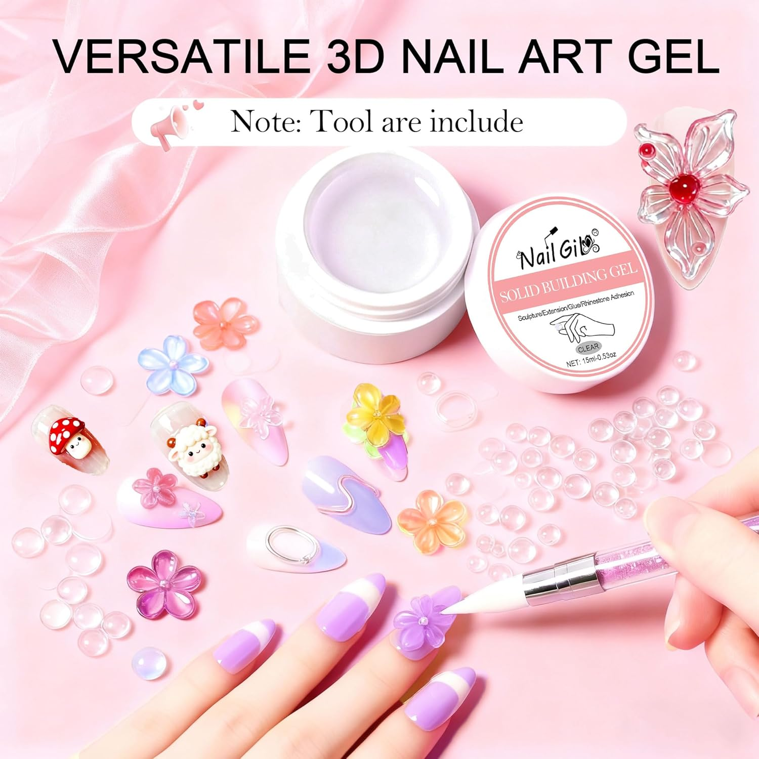 NAIL GIL Solid Builder Gel for Nails, 3D Gel Nail Art Sculpture Non-Sticky Hand Clear Extension Gel Sock off UV LED with 3D Silicone Mold Salon DIY at Home-15G/0.53Oz image number 3