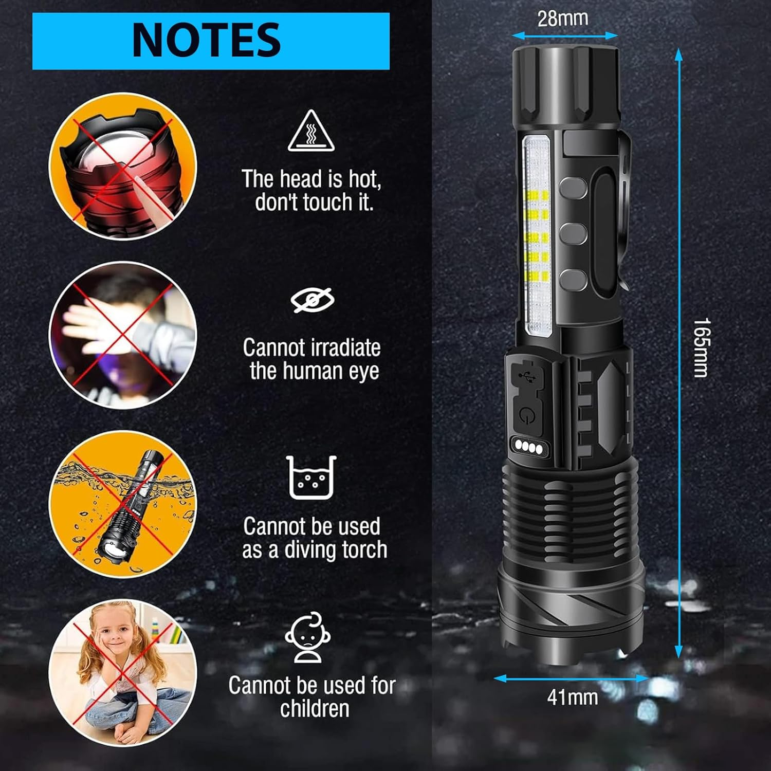 Rechargeable LED Flashlight 20000 Lumens &ndash; Super Bright Torch with 7 Light Modes & COB Side Light, Adjustable Focus, IPX6 Waterproof Powerful Handheld Flash Light for Camping, Emergency, Hiking image number 6