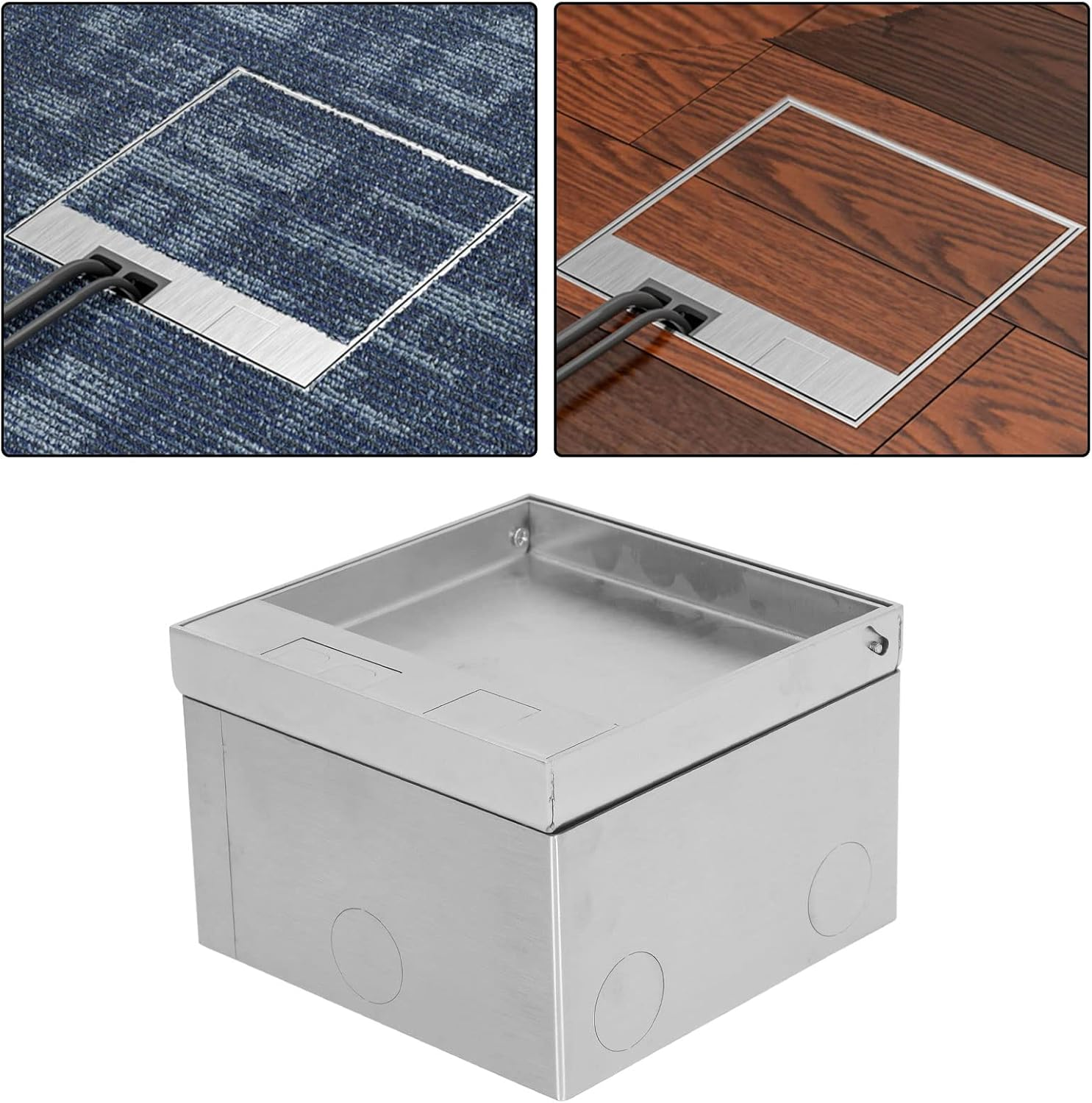Floor Electrical Outlet Box, AC250V 4000W Embedded Stainless Steel Cover Dual Outlets Electrical Floor Box, Waterproof Desktop Floor Power Socket Box with Junction Box image number 1