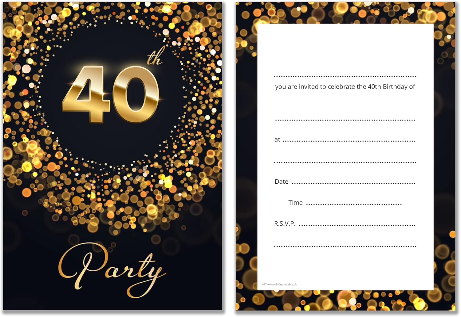 Olivia Samuel 20 X 40Th Birthday Party Invitations with Envelopes - Ready to Write - Black and Gold Effect - Designed and Printed in the UK image number 5