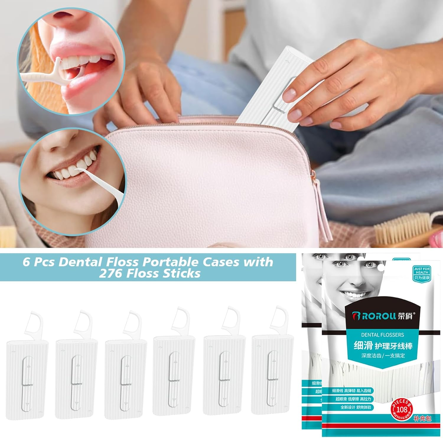 6 Pcs Dental Floss Portable Cases with 276 Floss Sticks, Teeth Cleaning Flossers Picks for Women & Men, Travel Dental Floss Organizer, Toothpicks for Home, Office, On-The-Go Oral Care (6+276) image number 3