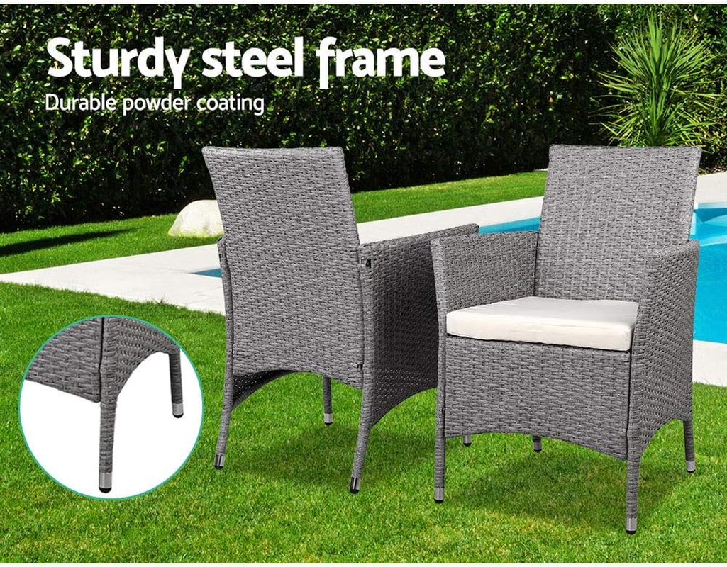 Gardeon 3Pcs Wicker Patio Furniture, Bistro Set Table and Chairs Outdoor Lounge Setting Conversation Sets Dining Chair Garden Backyard, Cushion with Rattan Coffee Table Glass Tabletop Grey image number 6