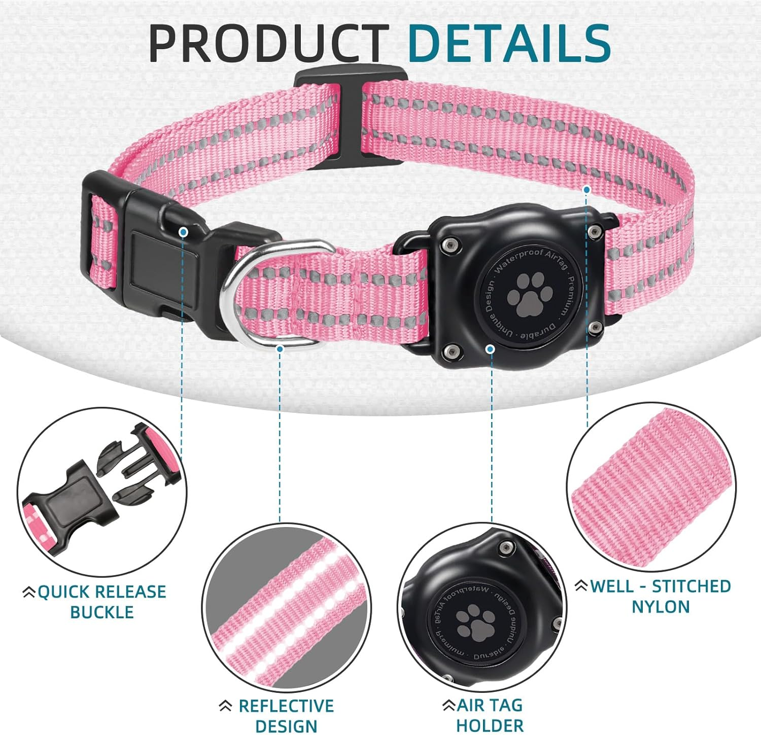 Airtag Dog Collar, 100% Waterproof Integrated Apple Air Tag Dog Collars, Reflective GPS Dog Collar with Hard PC Airtag Holder Case for Small Medium Large Dog (Pink) image number 2